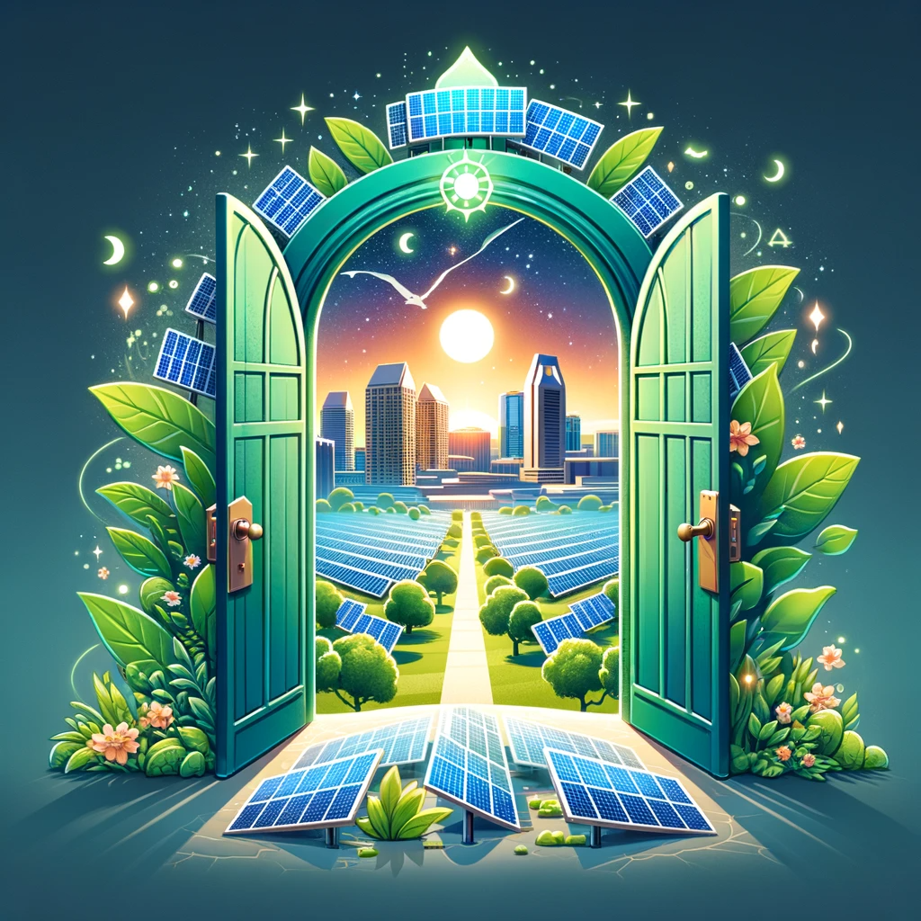 An image depicting a symbolic gateway adorned with solar panels and green leaves, opening to a solar-powered San Diego skyline, representing the transition to sustainable energy.