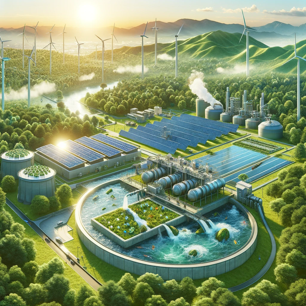 A state-of-the-art wastewater treatment plant integrated with renewable energy sources like solar panels, wind turbines, and biogas plants, set in a lush green environment.